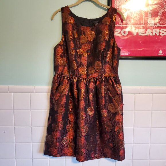 J. Crew Floral Jacquard Brodcade Sleeveless A Line Dress Orange Red Yellow - Picture 2 of 12